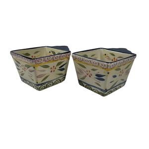 TEMPTATIONS by Tara Old World Ramekins 10oz Square Floral Blue Ovenware Set of 2